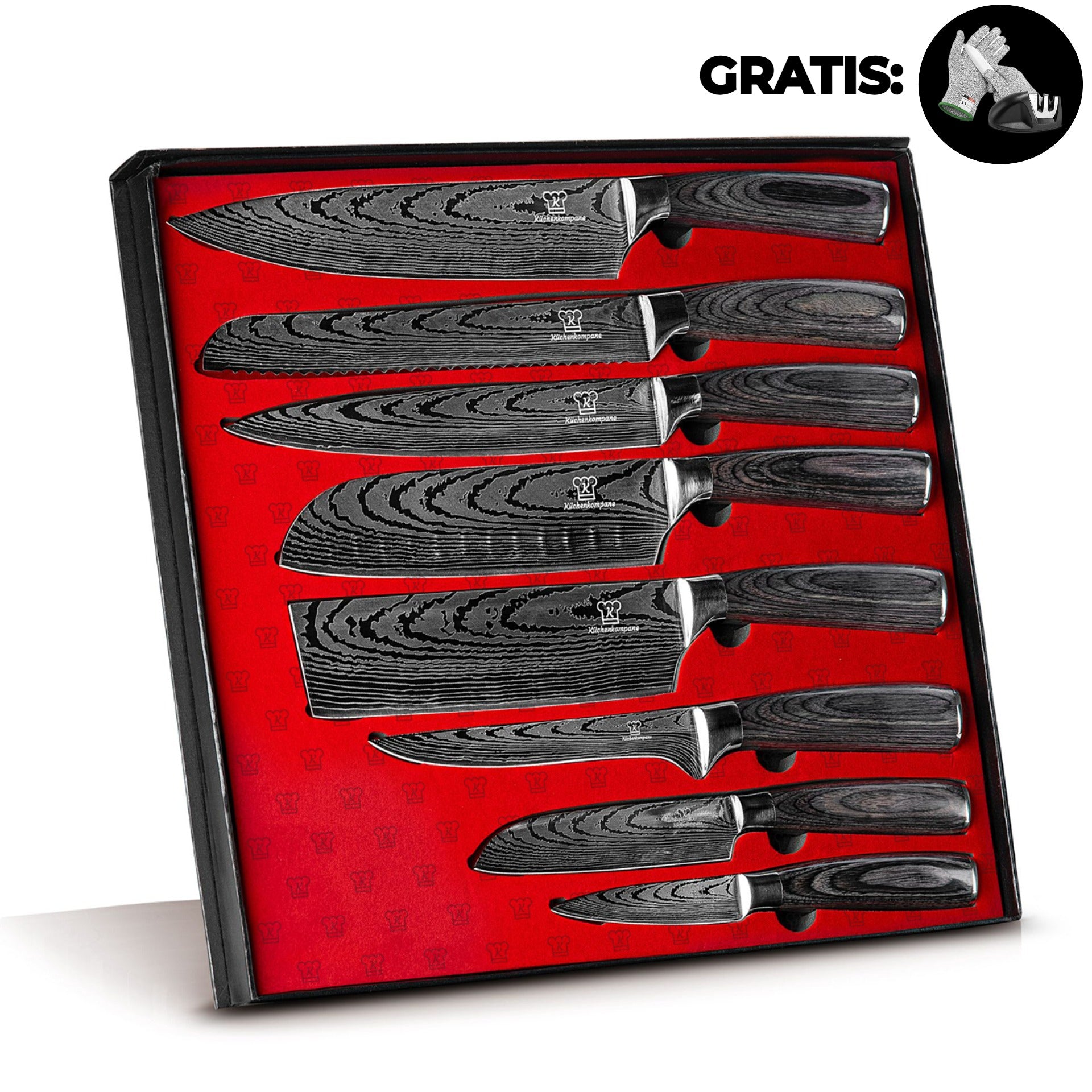 Premium Messerset + Gratis Schärfer und Schnitthandschuh