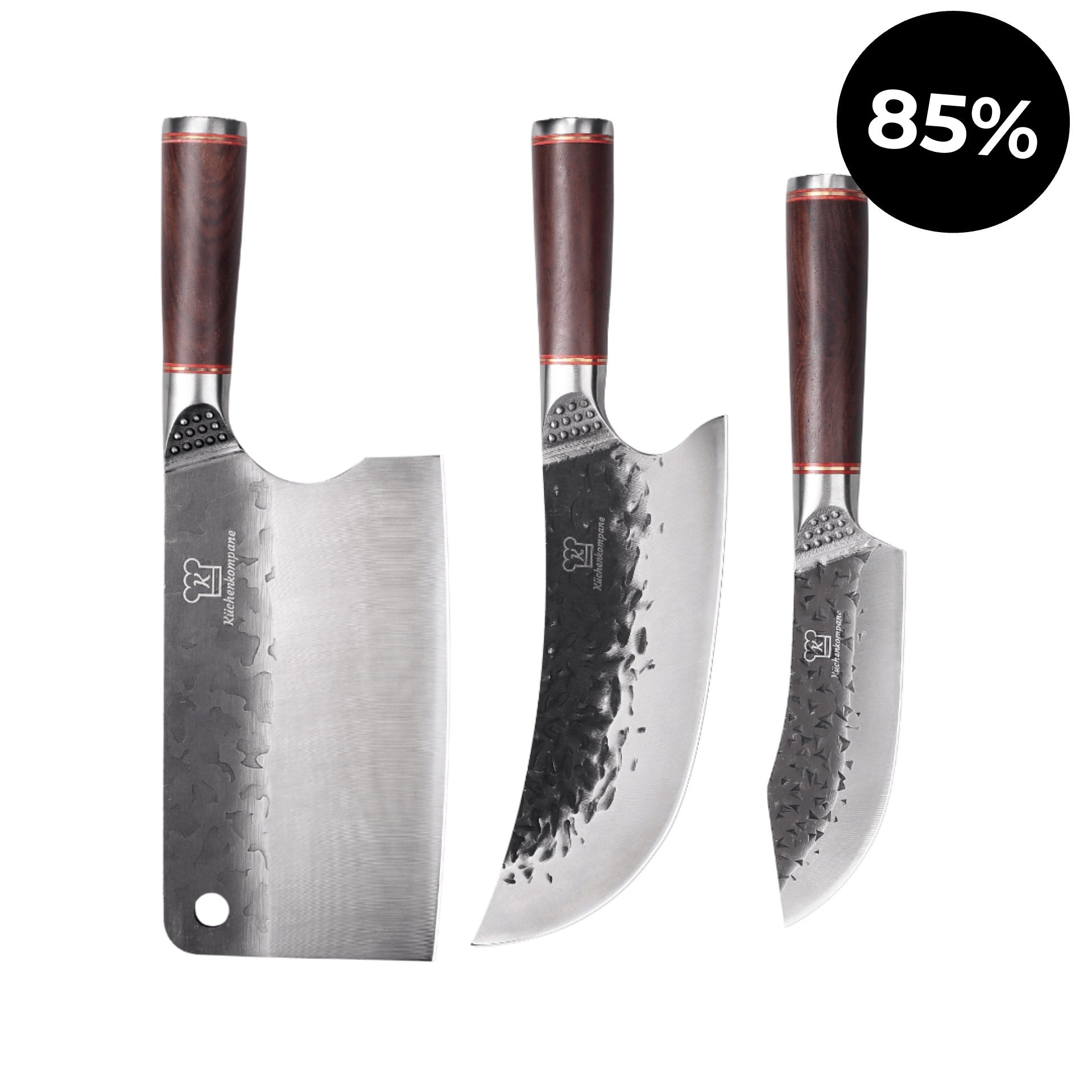 3-teiliges Küchenmesser-Set mit gehämmerten Edelstahl-Klingen und rustikalen Holzgriffen