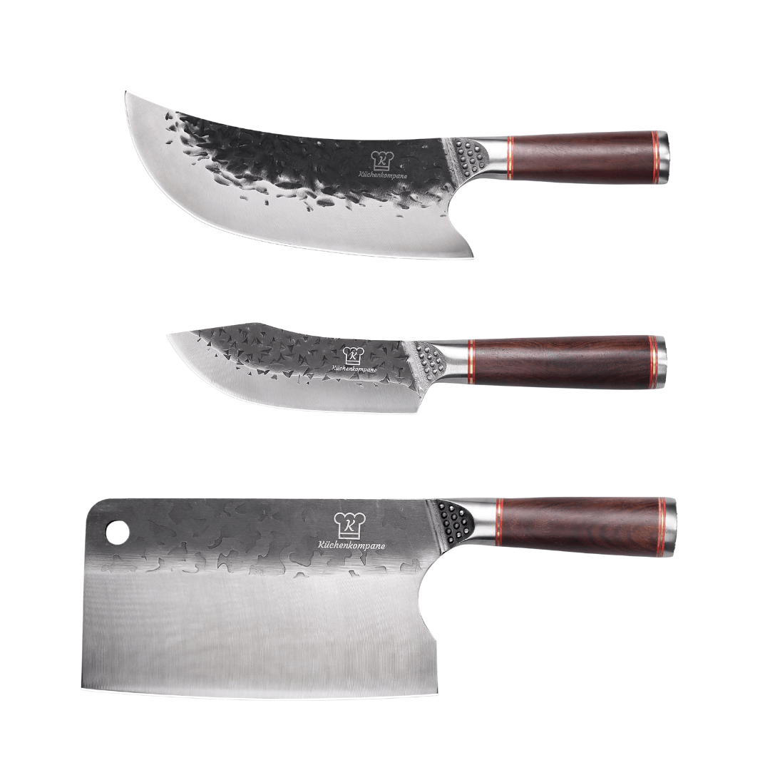 3-teiliges Küchenmesser-Set mit gehämmerten Edelstahl-Klingen und rustikalen Holzgriffen / VIP